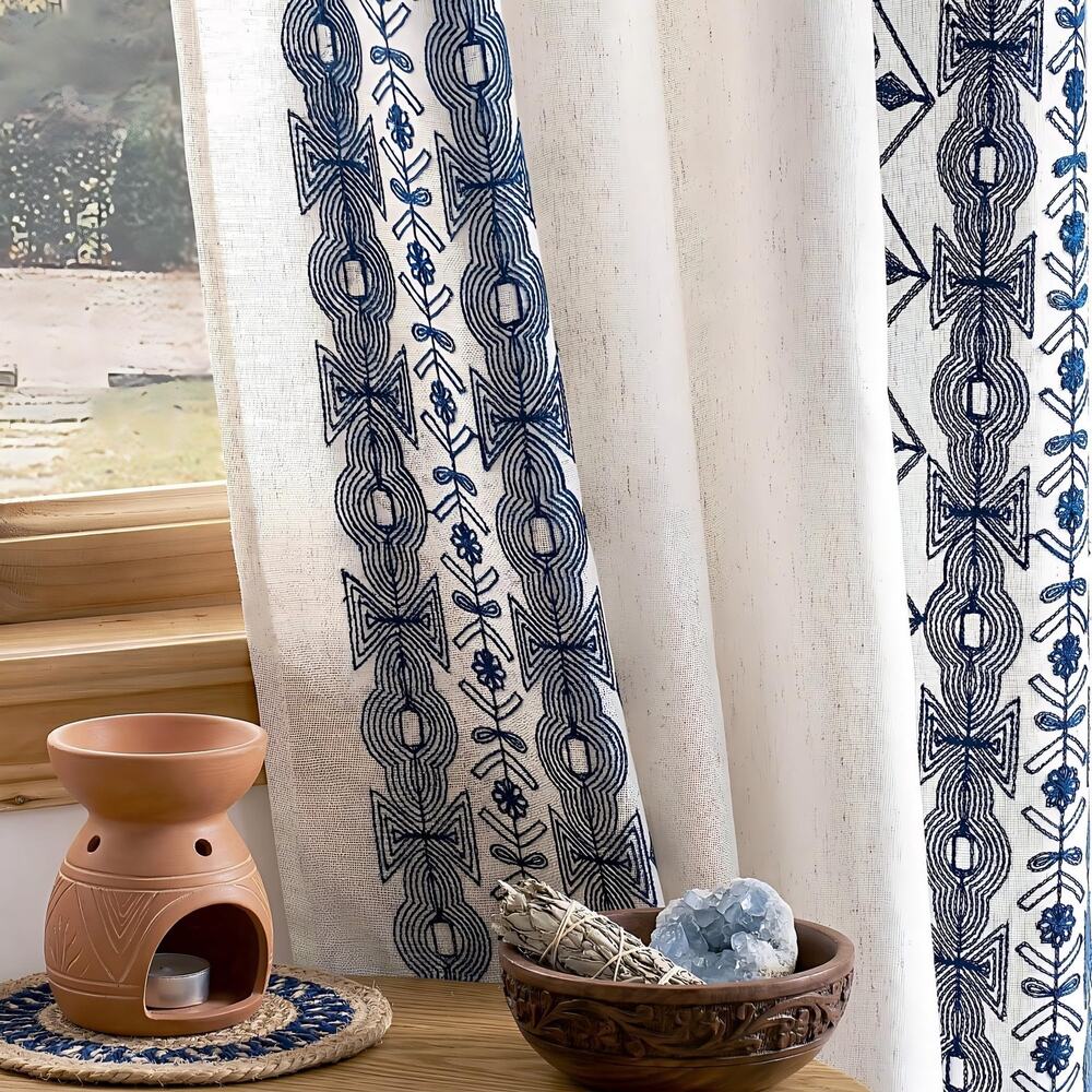 Bohemian Embroidered Grommet Top Window Curtain Panels Pair Blue Cream Geometric